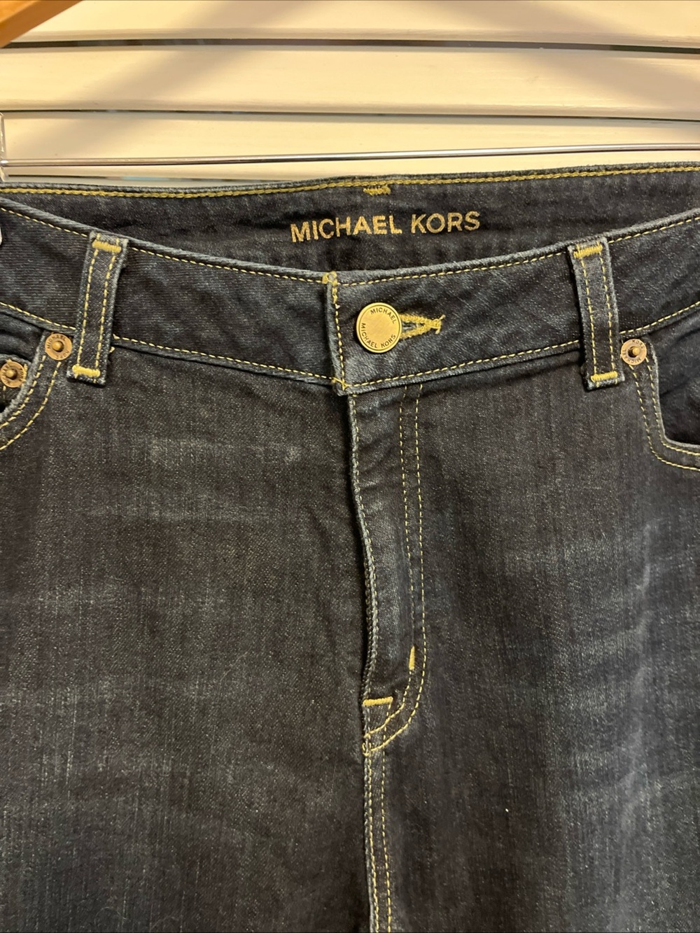 Michael Kors Dark Blue Straight-Leg Jeans with Yellow Stitching
